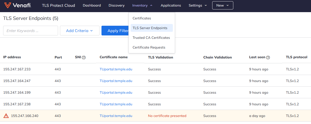 Menu to 'TLS Server Endpoints'