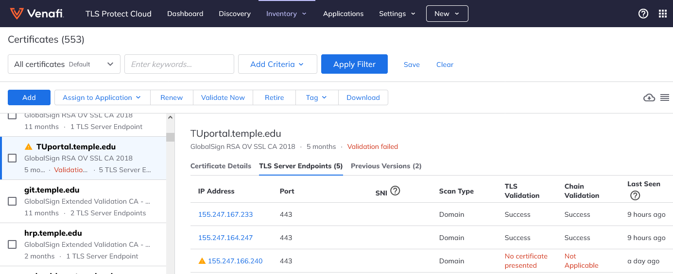 List of 'TLS Server Endpoints'