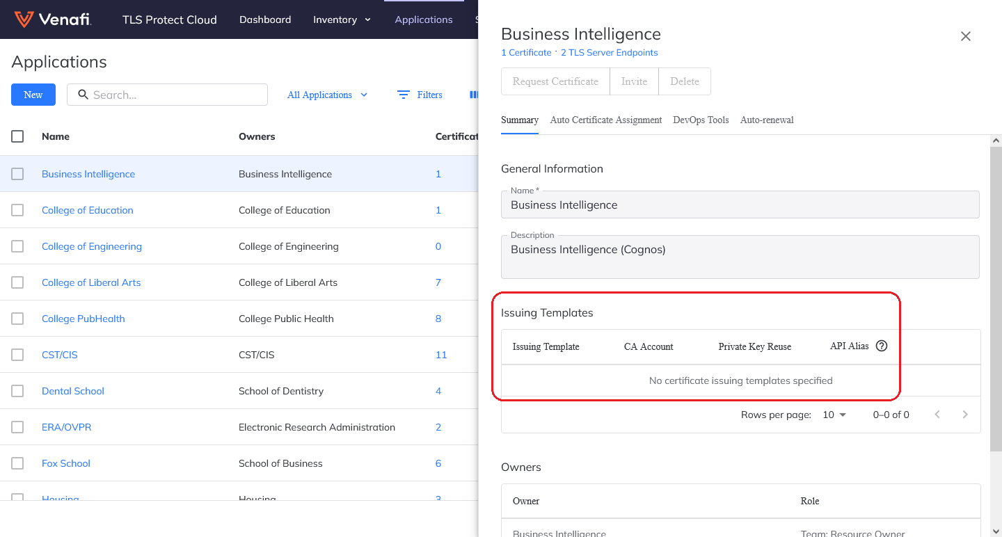 The Issuing Template associated with an Application.