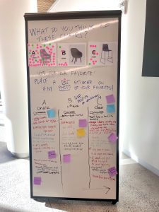 whiteboard with student comments about furniture for decorative purposes