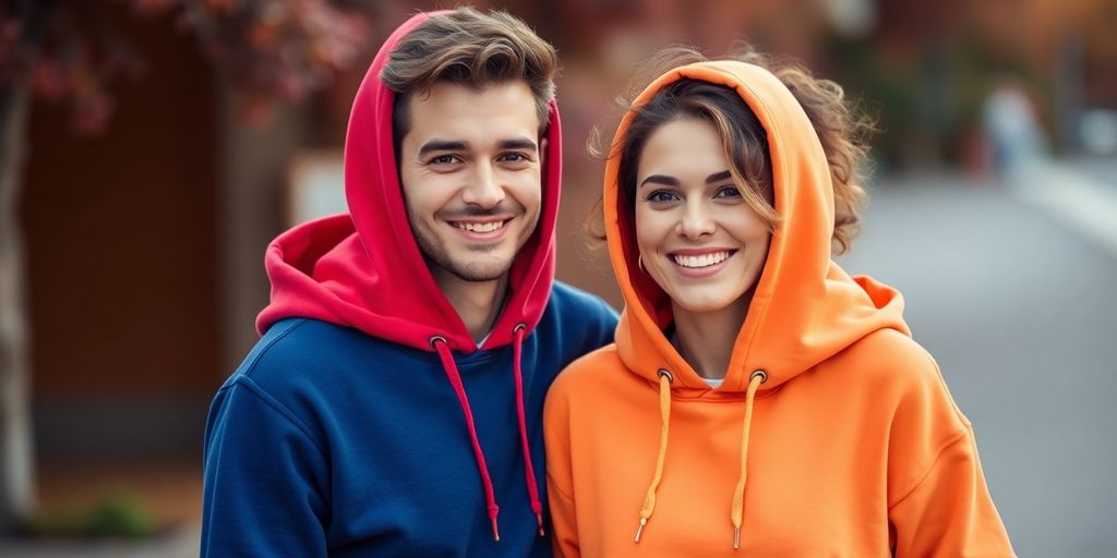 Couple in matching hoodies smiling together outdoors.