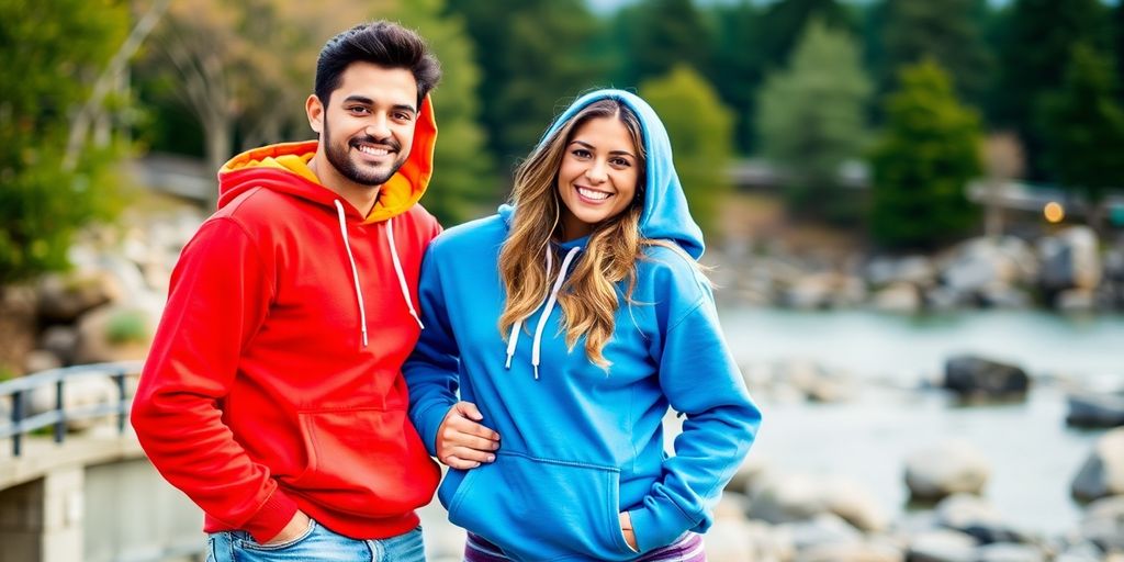 Couple wearing matching hoodies outdoors, smiling together.