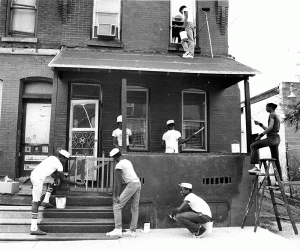 "Members of the Young Great Society painting the outside of a property on the south side of Reno Street as part of camp work program," 1979; George D. McDowell Philadelphia Evening Bulletin Collection, Special Collections Resource Center, Temple University
