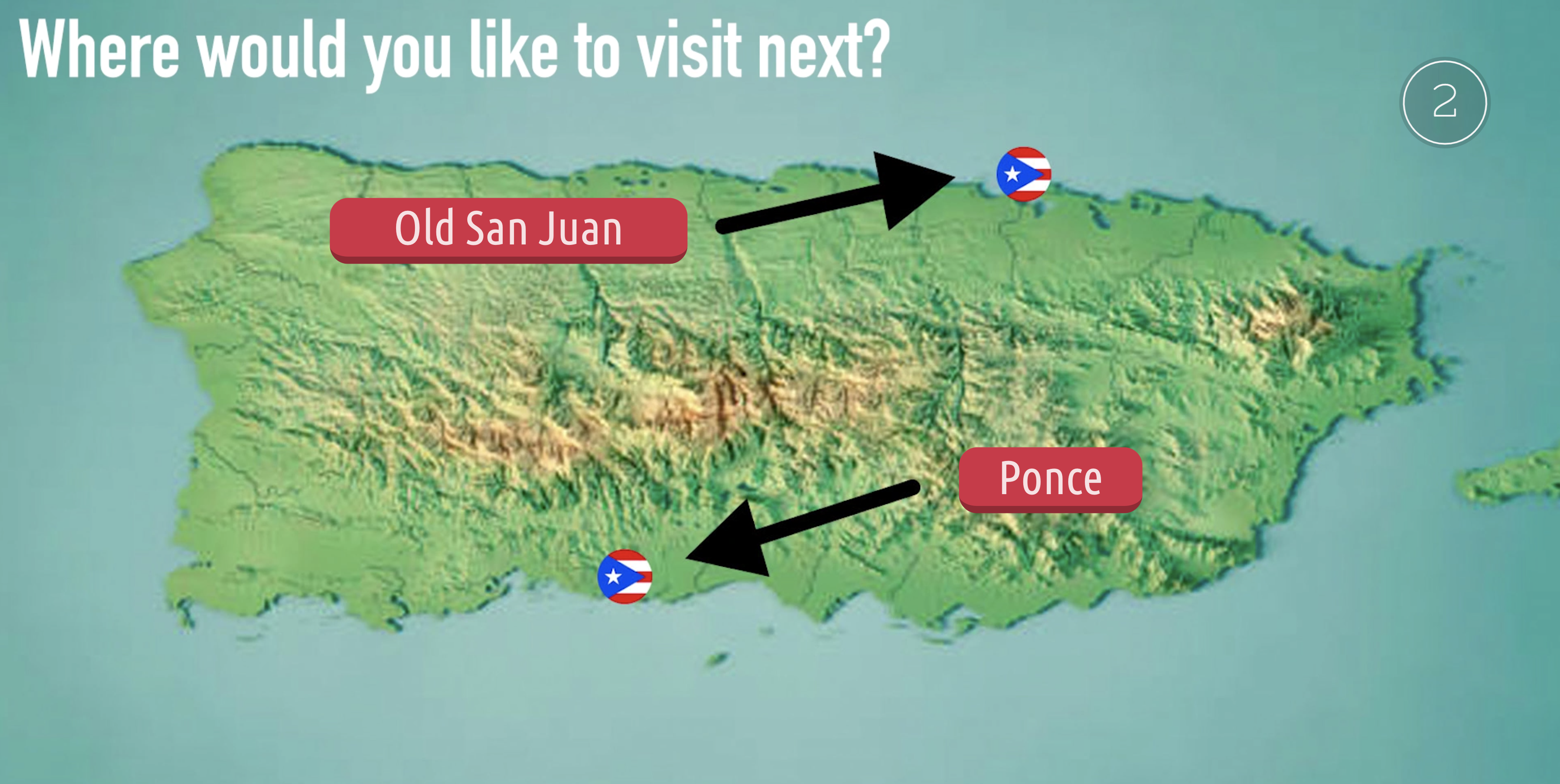 Map of Puerto Rico with arrows to 2 destinations