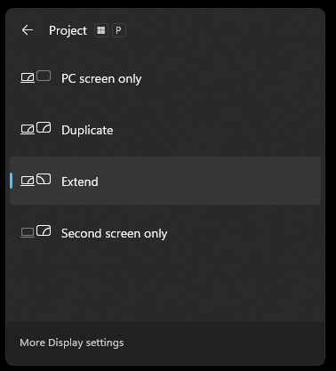 A screenshot of the Windows 11 projection settings menu, listing the options: "PC screen only", "Duplicate", "Extend", or "Second screen only".