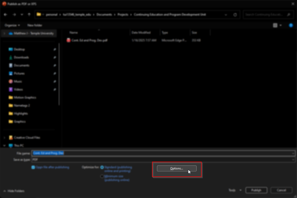 Annotated screenshot of the Microsoft PowerPoint "Export PDF/XPS" dialog.