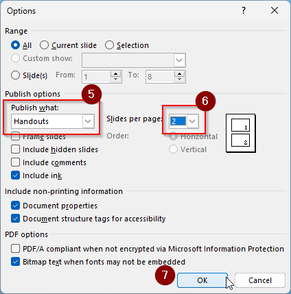 Annotated screenshot of the Microsoft PowerPoint "Create PDF/XPS" options dialog box. 