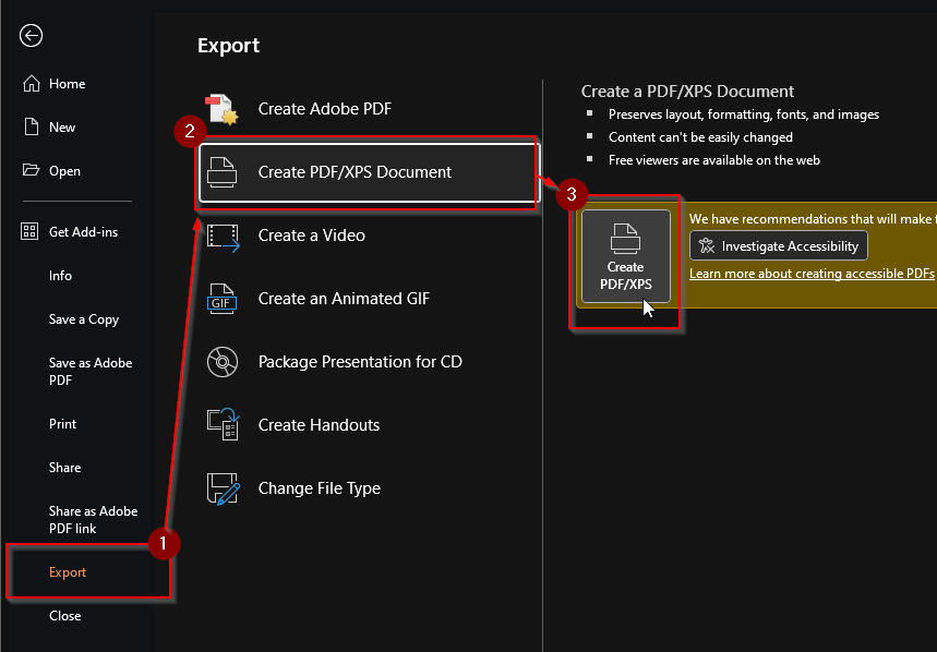 Annotated screenshot of the Microsoft PowerPoint export options.