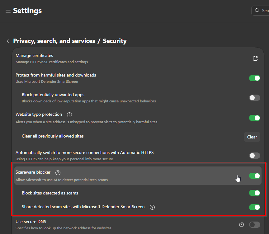 Microsoft Edge settings page with 'Scareware blocker' enabled.
