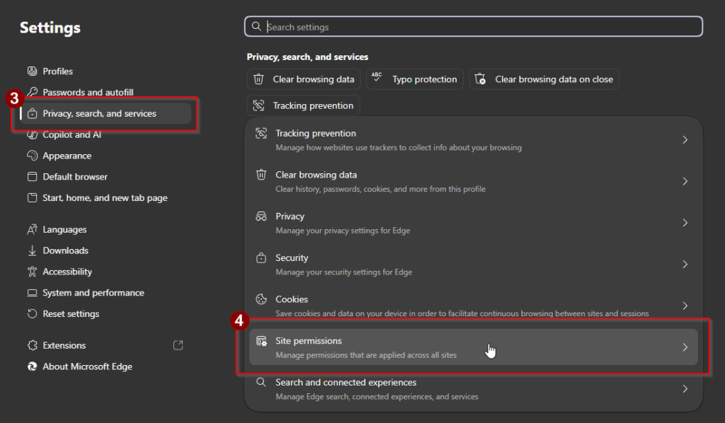 3. Select 'Privacy, search, and services'
4. Select 'Site permissions'