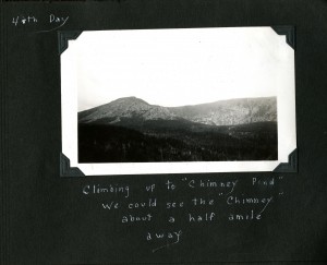 Scrap book page showing clack and white photograph of mountains with text: Climbing up to Chimney Pond we could see the chimney about a half mile away.