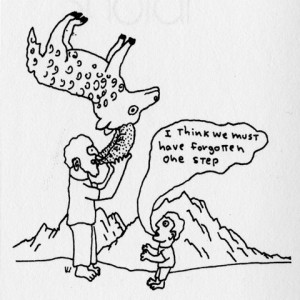 Cartoon of man blowing rams horn still attached to ram
