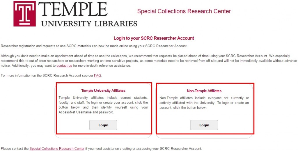 SCRC Researcher Account login screen