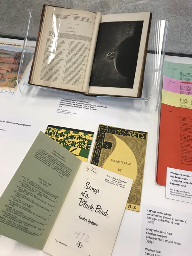 Photograph of a portion of the exhibit case feature some of the books