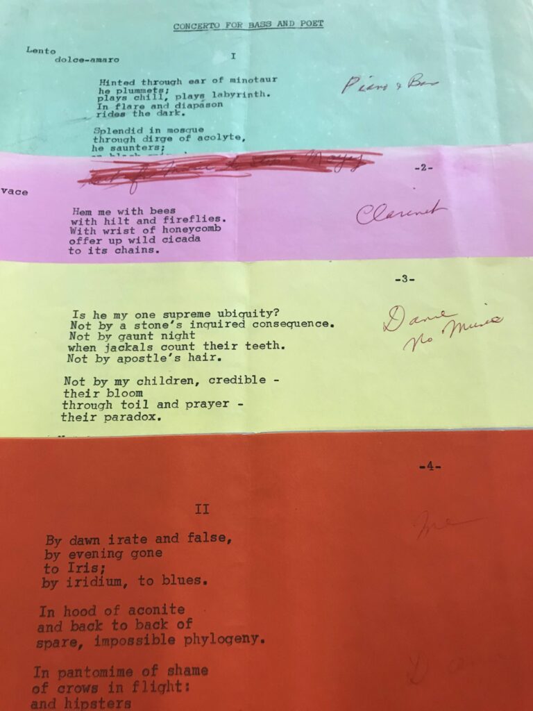 Photograph of Ree Dragonette's multi-colored manuscript of "Concerto for bass and poet"