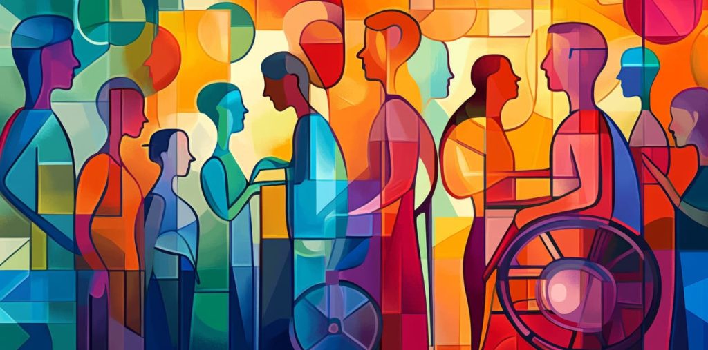 geometric multicolored illustration of people of mixed abilities moving across the picture plane