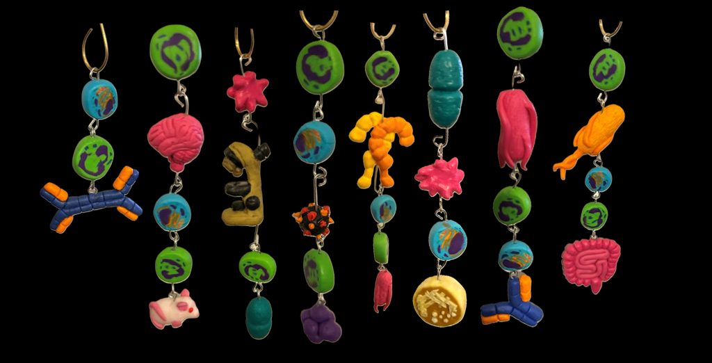 Clay ornaments themed after immunology and microbiology