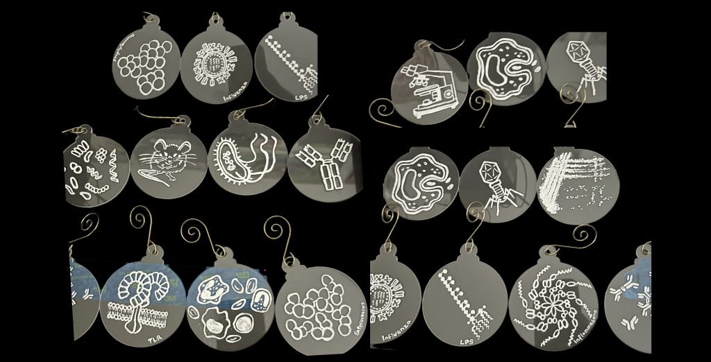 Painted ornaments themed after microbiology and immunology