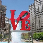 Love Park sculpture in front of fountain in downtown Philadelphia.