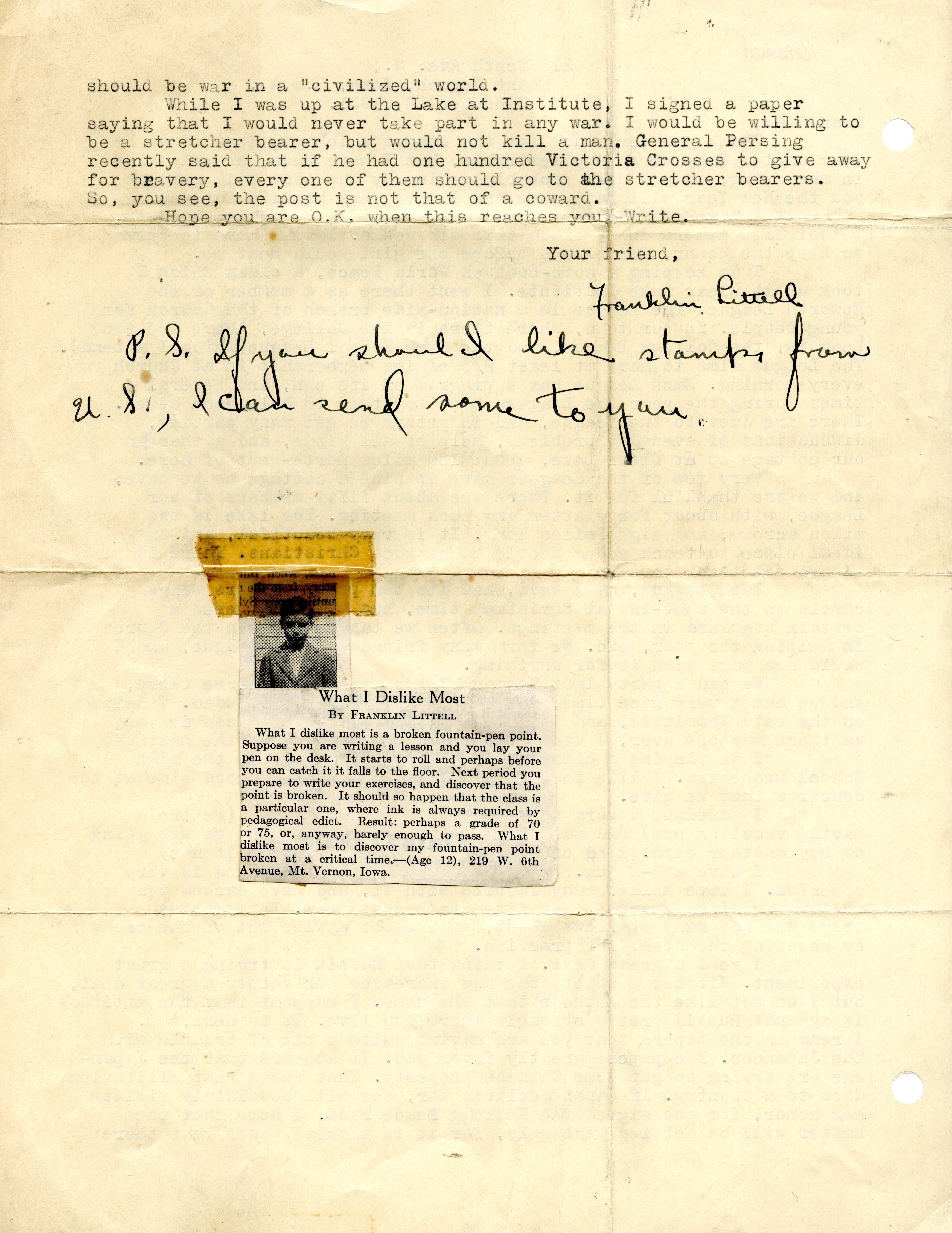 Page two of a typed letter on yellowed paper with a newspaper clipping affixed with cellophane tape.