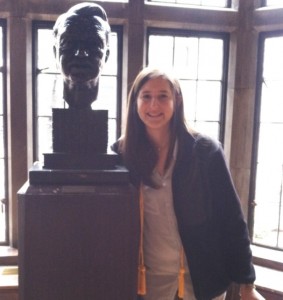Julie standing next to bust of Russell Conwell.