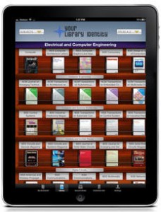 Ipad screen showing thumbnails arranged as if on a wooden bookshelf.