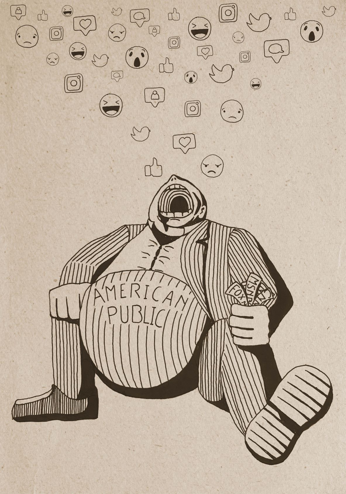 Image of man, labeled the American Public, eating emojis