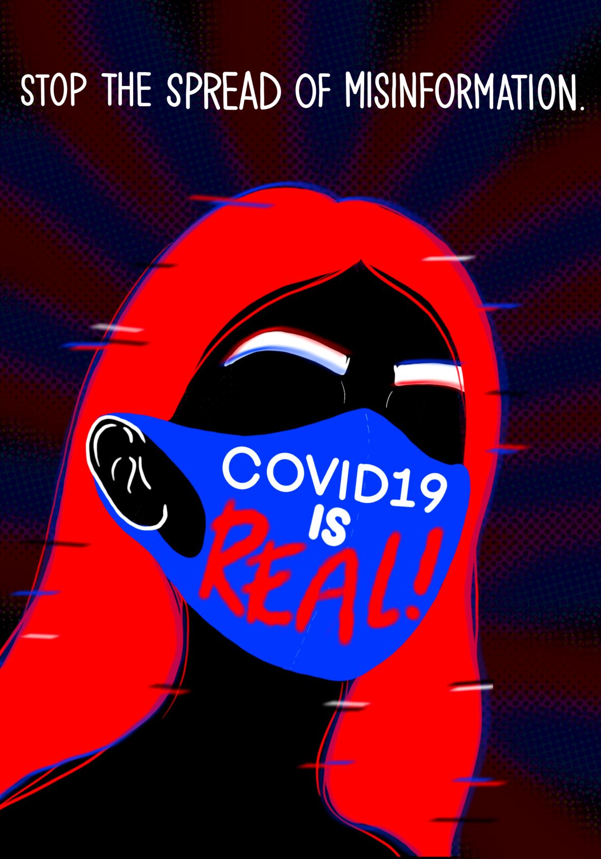 Image of woman wearing mask that says COVID-19 is real, with title: Stop the spread of misinformation