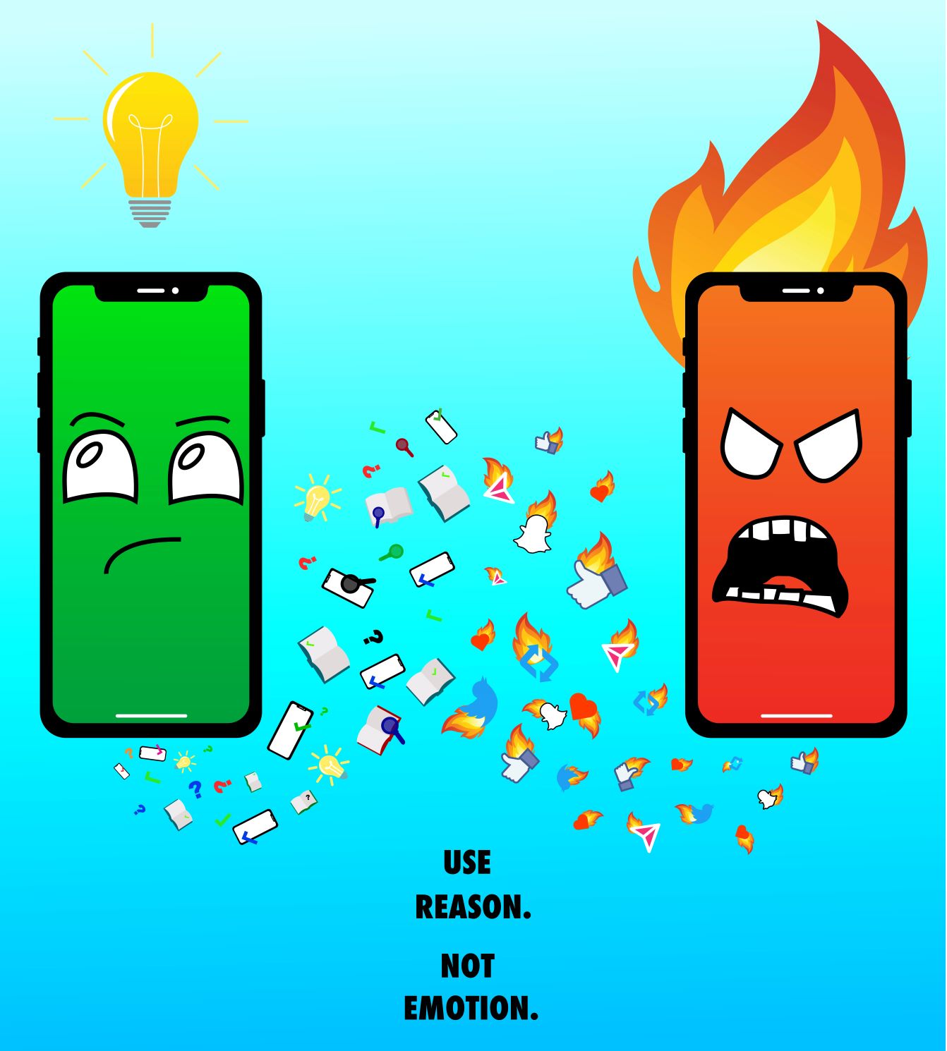 Image of phones personified, one is angry, one is questioning, text reads use reason. not emotion.