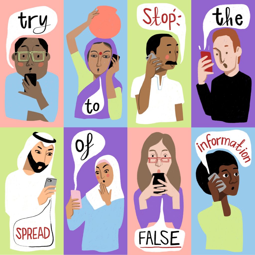 Illustration of eight people on their phones, with the text "try to stop the spread of false information"