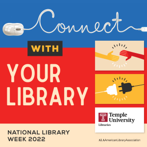 National Library Week graphic, with text Connect with Your Library and images of headphones, hands reaching for each other, an outlet