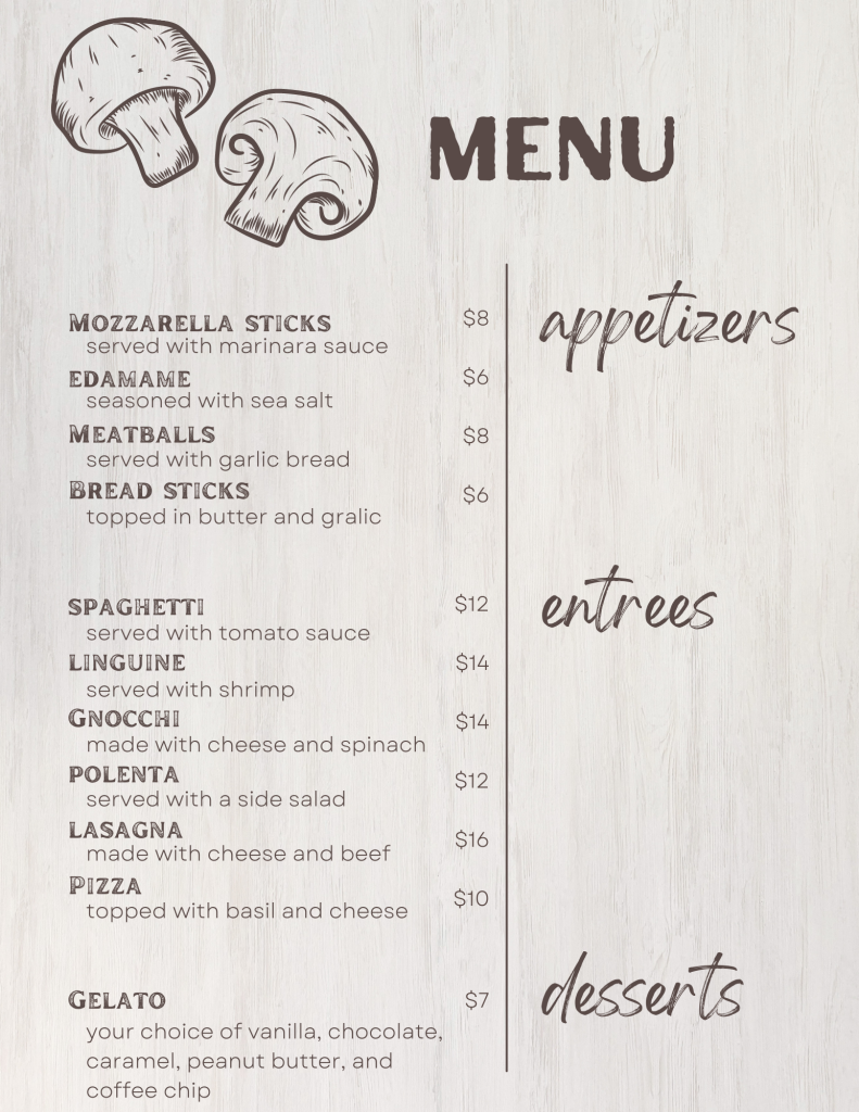 Italian Restaurant Menu