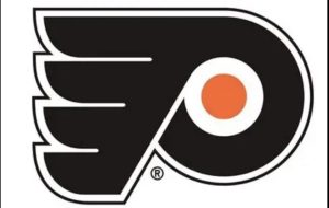 Philadelphia Flyers NHL team logo featuring a stylized black winged "P" shape with an orange circle and white ring, on a white background