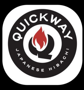Quickway Japanese Hibachi restaurant logo: a circular black badge with a stylized "Q" containing a red and white flame, with the brand name arched across the top and "Japanese Hibachi" along the bottom