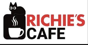 Richie's Cafe logo featuring a black silhouette of a cat sitting atop a steaming coffee cup icon, with "Richie's" in bold red text and "Cafe" in black