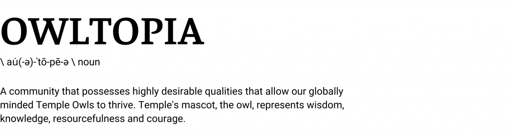 Definition of Owltopia, a community that possesses highly desirable qualities that allow our globally minded Temple Owls to thrive. Temple's mascot, the owl, represents wisdom, knowledge, resourcefulness and courage.