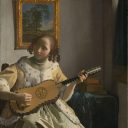 Painting of young woman playing guitar by Vermeer