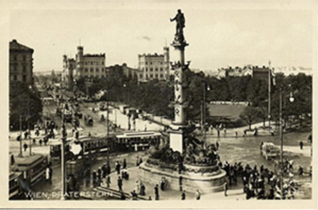 Black and white photograph of Vienna's Praterstern square.