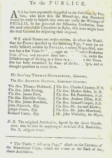 Printed title page from an antique book, it reads: "To the PUBLICK. As it has been repeatedly suggested to the Publisher, by Persons, who have seen the Manuscript, that Numbers would be ready to suspect they were not really the Writings of PHILLIS, he has procured the following Attestation, from the most respectable Characters in Boston, that none might have the least Ground for disputing their Original.

WE whose Names are under-written, do assure the World, that the Poems specified in the following Page, [asterisk] were (as we verily believe) written by Phillis, a young Negro Girl, who was but a few Years since, brought an uncultivated Barbarian from Africa, and has ever since been [unreadable], under the Disadvantage of serving as a Slave in a [unreadable] this Town. She has been examined by some of the best judges, and is thought qualified to write them.

His Excellency Thomas Hutchinson, Governor, The Hon. Andrew Oliver, Lieutenant-Governor, The Hon. Thomas Hubbard, The Hon. John Erving, The Hon. James Pitts, The Hon. Harrison Gray, The Hon. James Bowdoin, John Hancock, Esq; Joseph Green, Esq; Richard Carey, Esq; The Rev. Charles Chauncey, D. D., The Rev. Mather Byles, D. D., The Rev. Ed. Pemberton, D. D., The Rev. Andrew Elliot, D. D., The Rev. Samuel Cooper, D. D., The Rev. Mr. Samuel Mather, The Rev. Mr. John Moorhead, Mr. John Wheatley, her master.

N. B. The original Attestation, signed by the above Gentlemen, may be seen by applying to Archibald Bell, Bookseller, No. 8, Aldgate Street.

*The Words "following Page," allude to the Contents of the Manuscript Copy, which are wrote at the Back of the above Attention.
