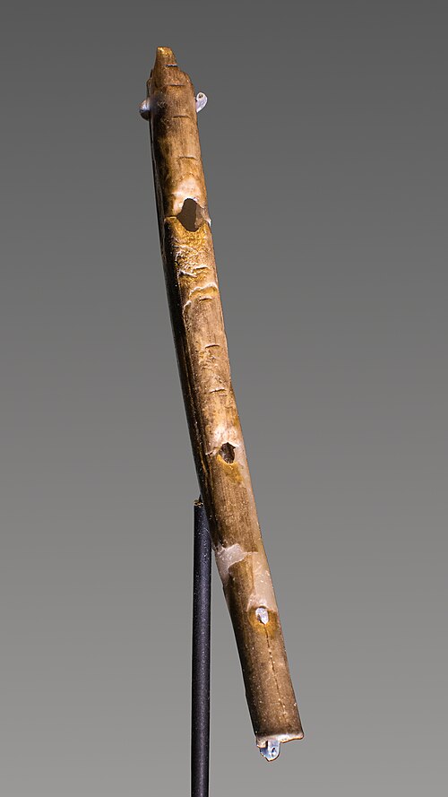 A primitive flute with three finger holes, brown from age.