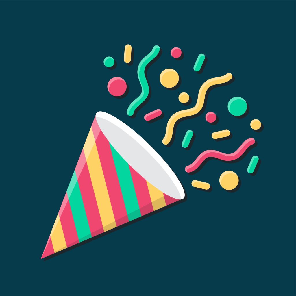 A colorful party popper with confetti on a dark teal background.