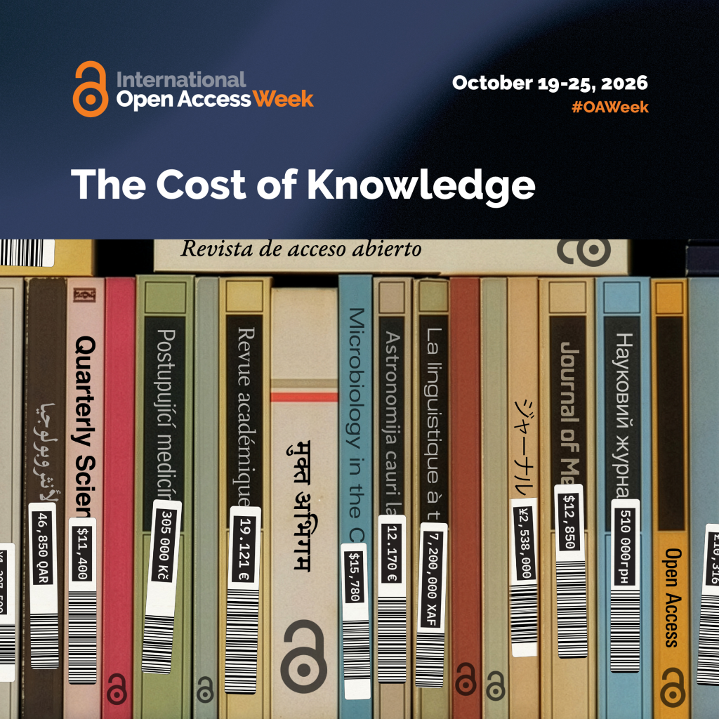 The text "International open access week, the cost of knowledge" sits above a shelf of books with varying price tags on them.