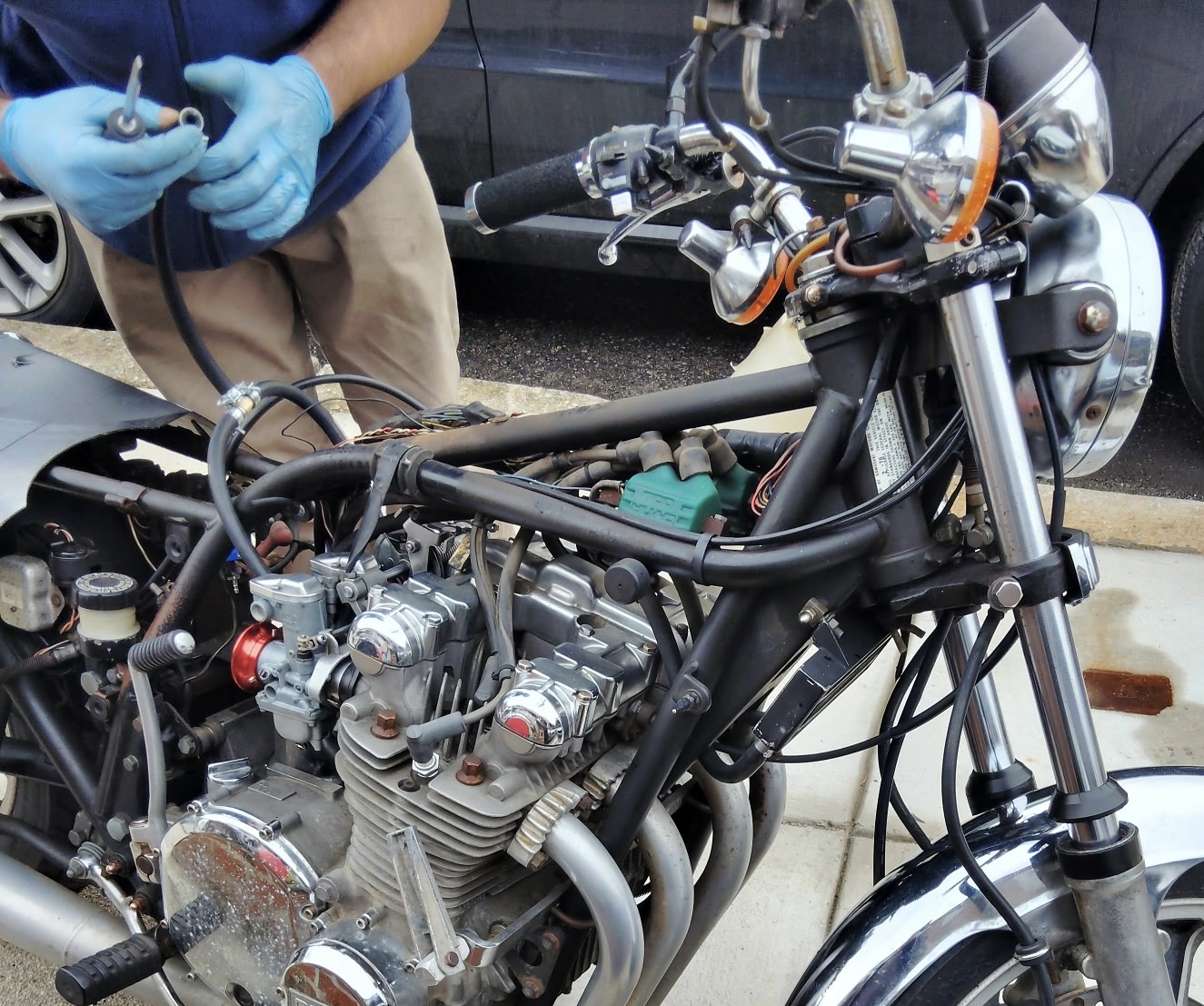 Ol' Beauty with the tank and seat removed during mechanical work.