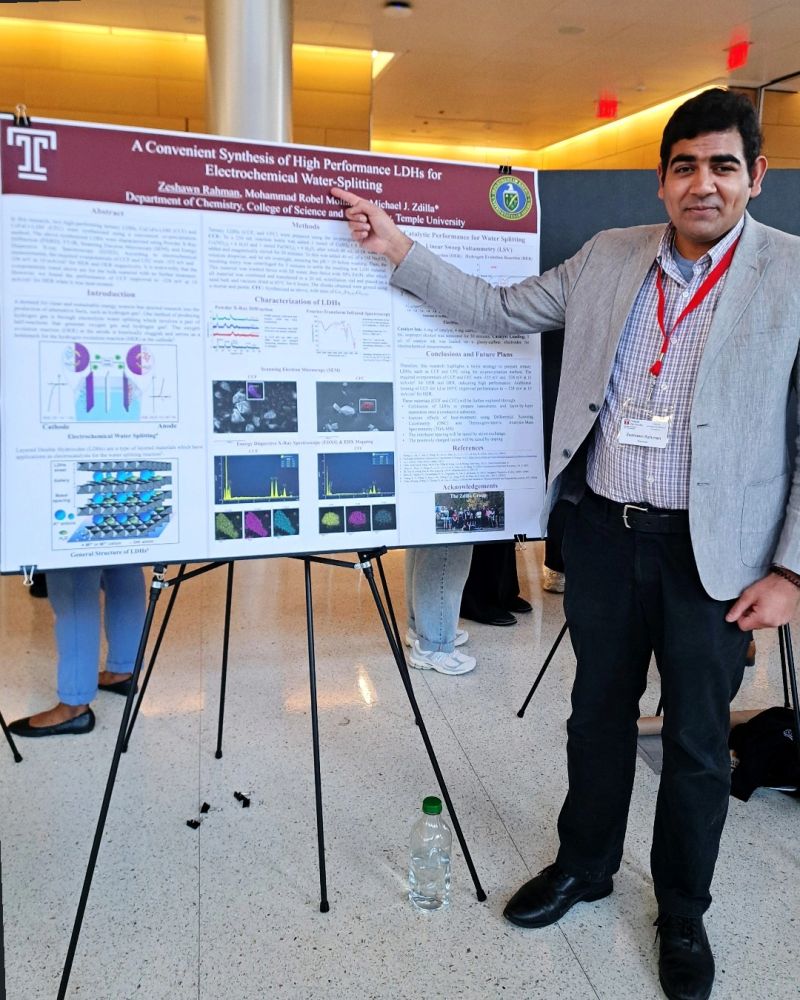 Zeshawn Rahman presenting his poster on the synthesis of high-performance layered double hydroxides for electrochemical water splitting.