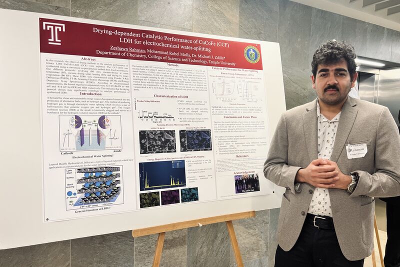 Zeshawn Rahman beside his research poster on drying-dependent catalytic performance of CuCoFe layered double hydroxides.