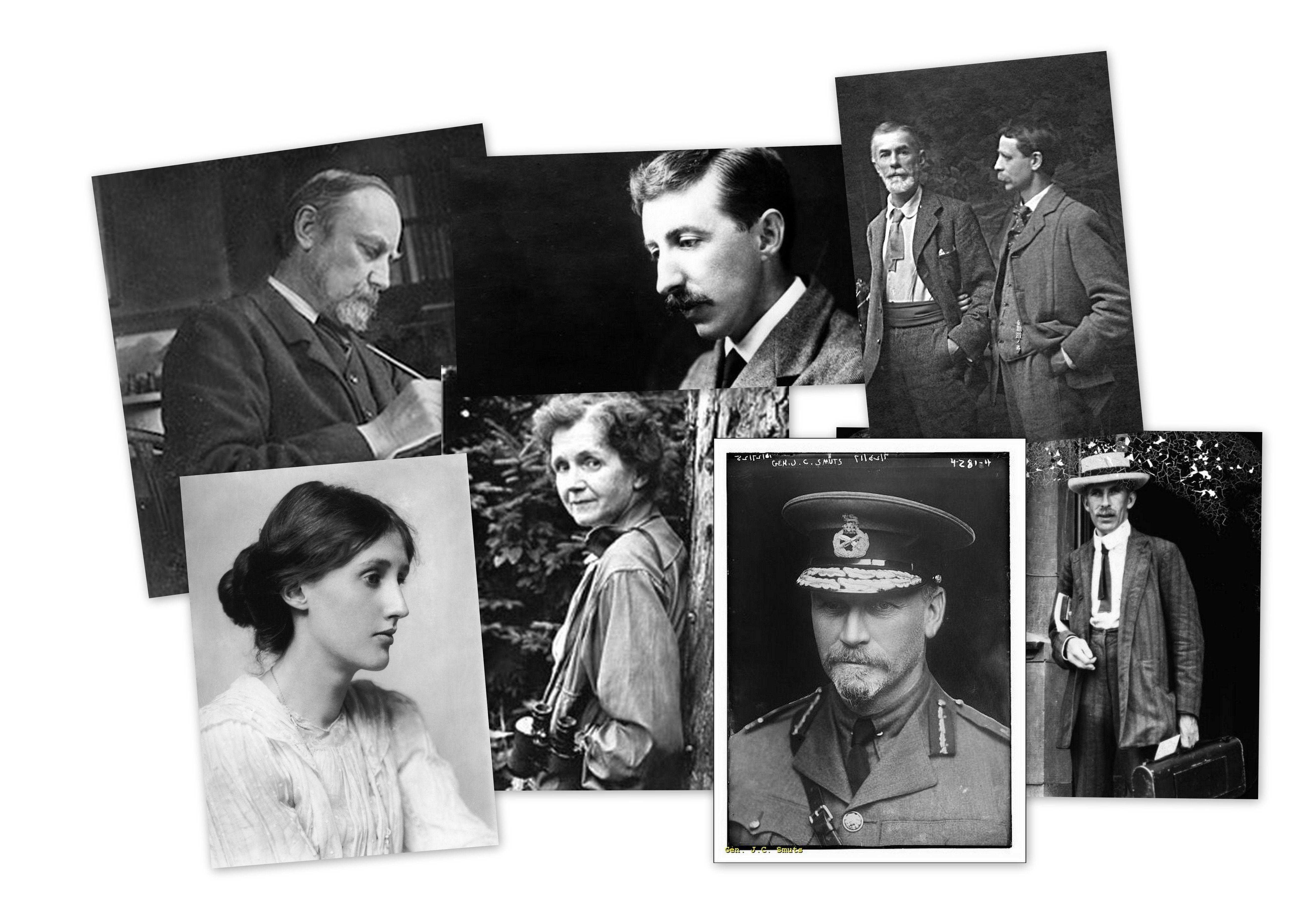 Black and white photo collage of Henry Salt, E. M. Forster, Edward Carpenter, Arthur Tansley, Rachel Carson, Virginia Woolf