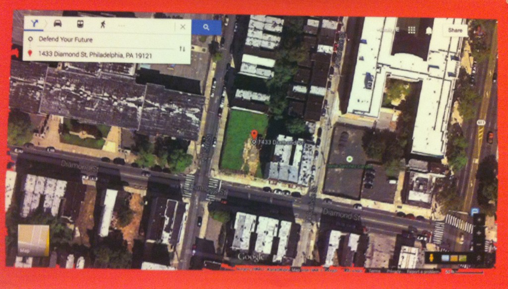 Figure 1: Defend The Future Garden via Googlemaps/Photoshop (Duckrey Elementary School is the large building to the left garden green space) 