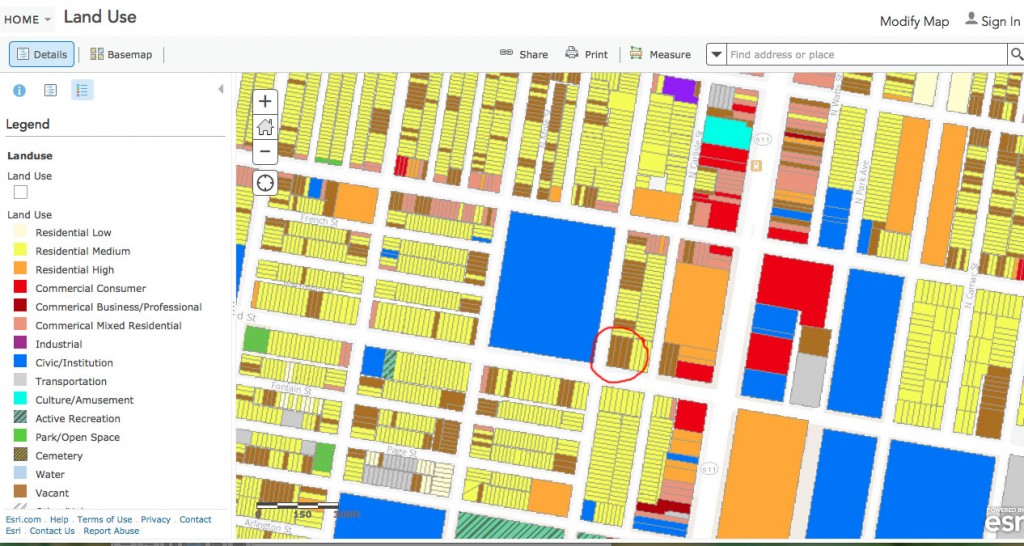 Figure 3: ArcGIS Land Use Map (red circle is Defend The Future Garden) All the brown lots are considered vacant. 