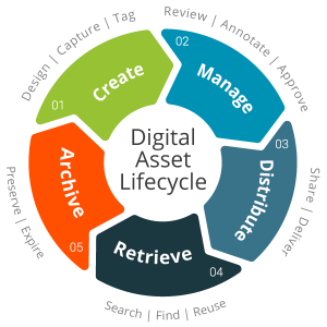 Digital Asset Lifecyle Diagram. Shows that digital assets are created, managed, distributed, retrieved, and archived.