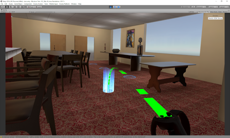 A 3D-rendered room with classic furniture and anomalous glowing objects is displayed in a game development interface